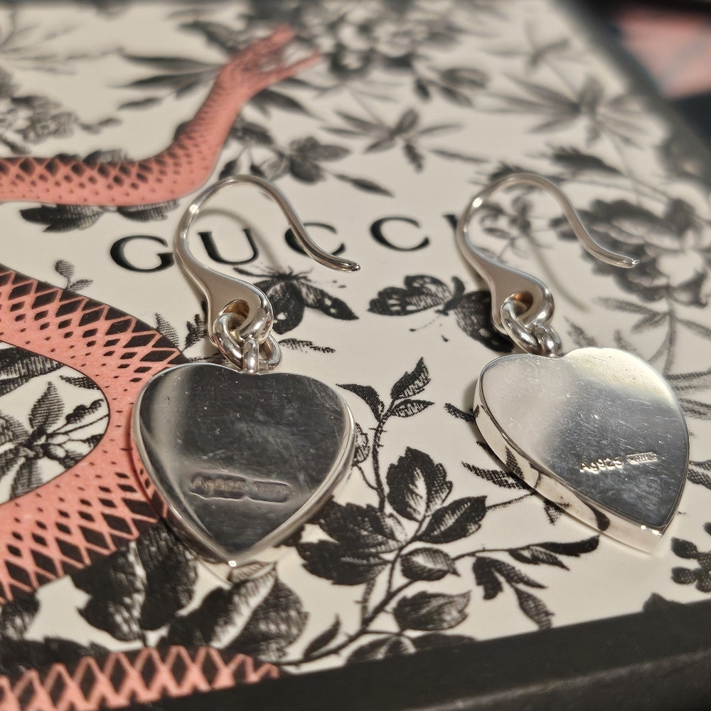 Gucci Sterling Silver 925 Dangling Heart Earrings in pouch and box used twice - Picture 10 of 11
